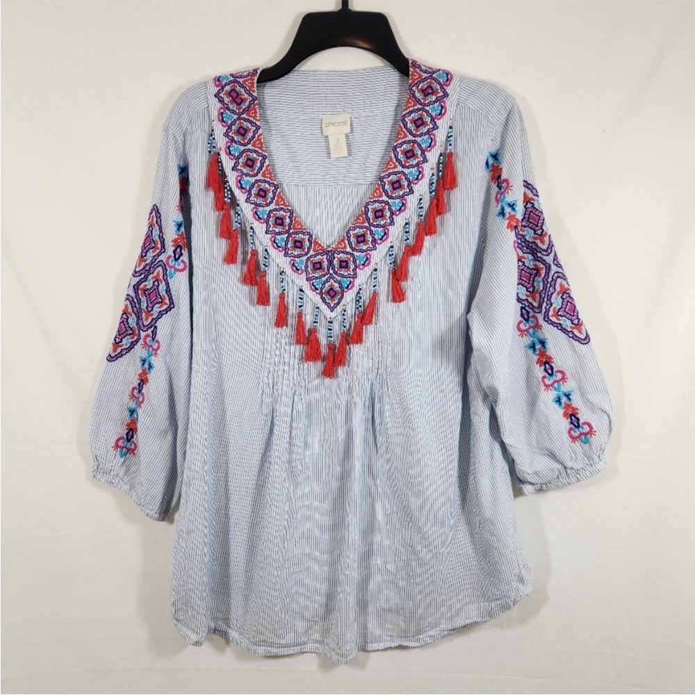 CHICO’s 3 L/XL Cotton Embroidered striped 3/4 Sleeve Top